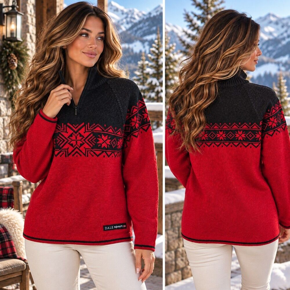 Dale of Norway XL Pure Wool Nordic Ski Sweater Red Black Quarter Zip Fair Isle